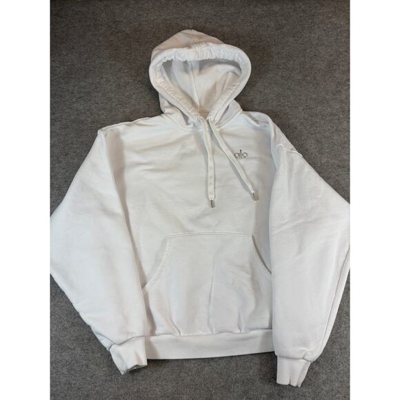 Alo Pullover Hoodie Womens Medium White Drawstring Activewear Sporty Athleisure - Picture 1 of 6